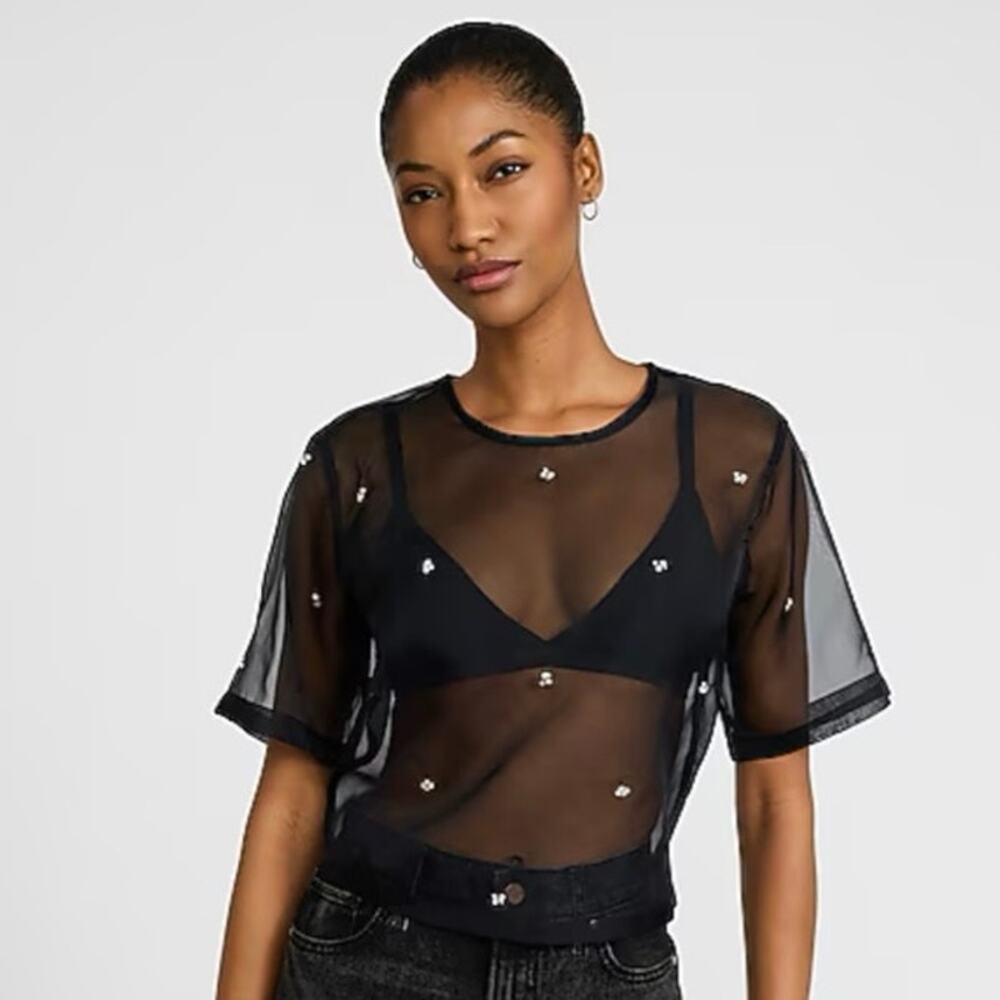 Express Black Sheer Mesh Rhinestone Embellished Cropped Top Size M